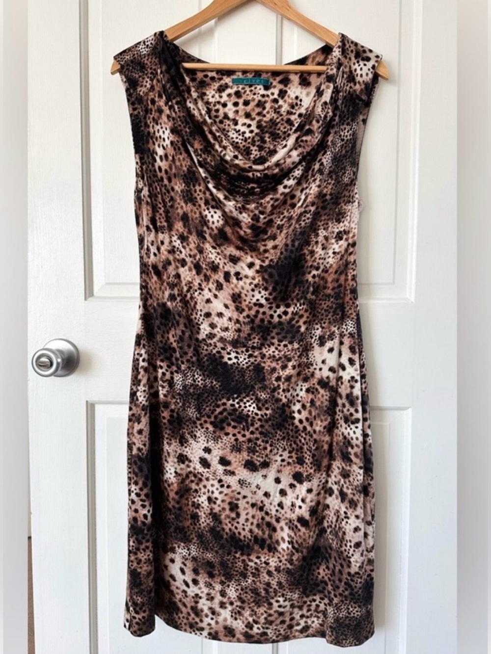 Velvet by Graham & Spencer Soft Leopard Print Stretch Dress Draped Neck Size L